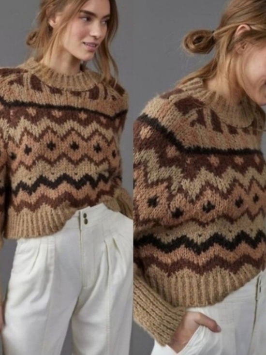 Anthropologie Sweaters - By Anthropologie Caramel Chai Carson Fair Isle Geo Chunky Knit Crewneck Sweater